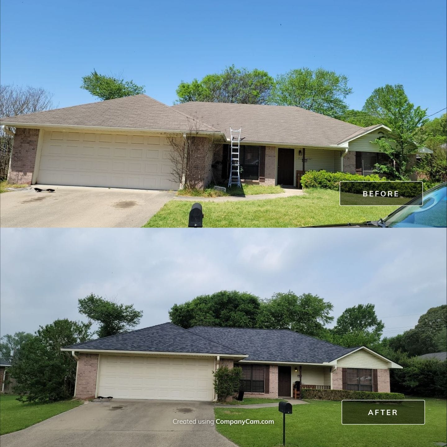 Before and after stone home roof replacement with crew tearing off old shingles