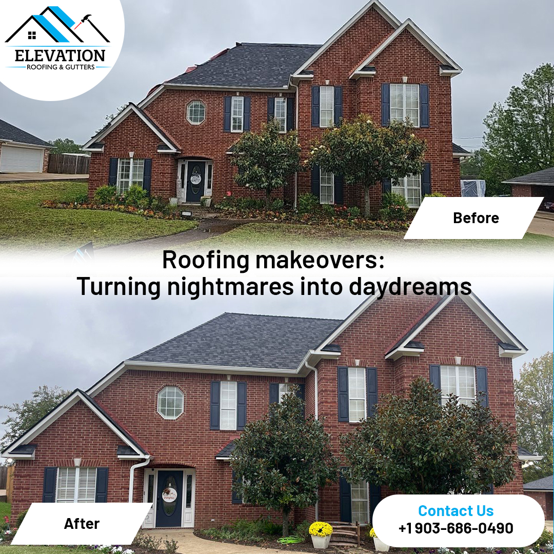 Before and after two-story brick home roof replacement