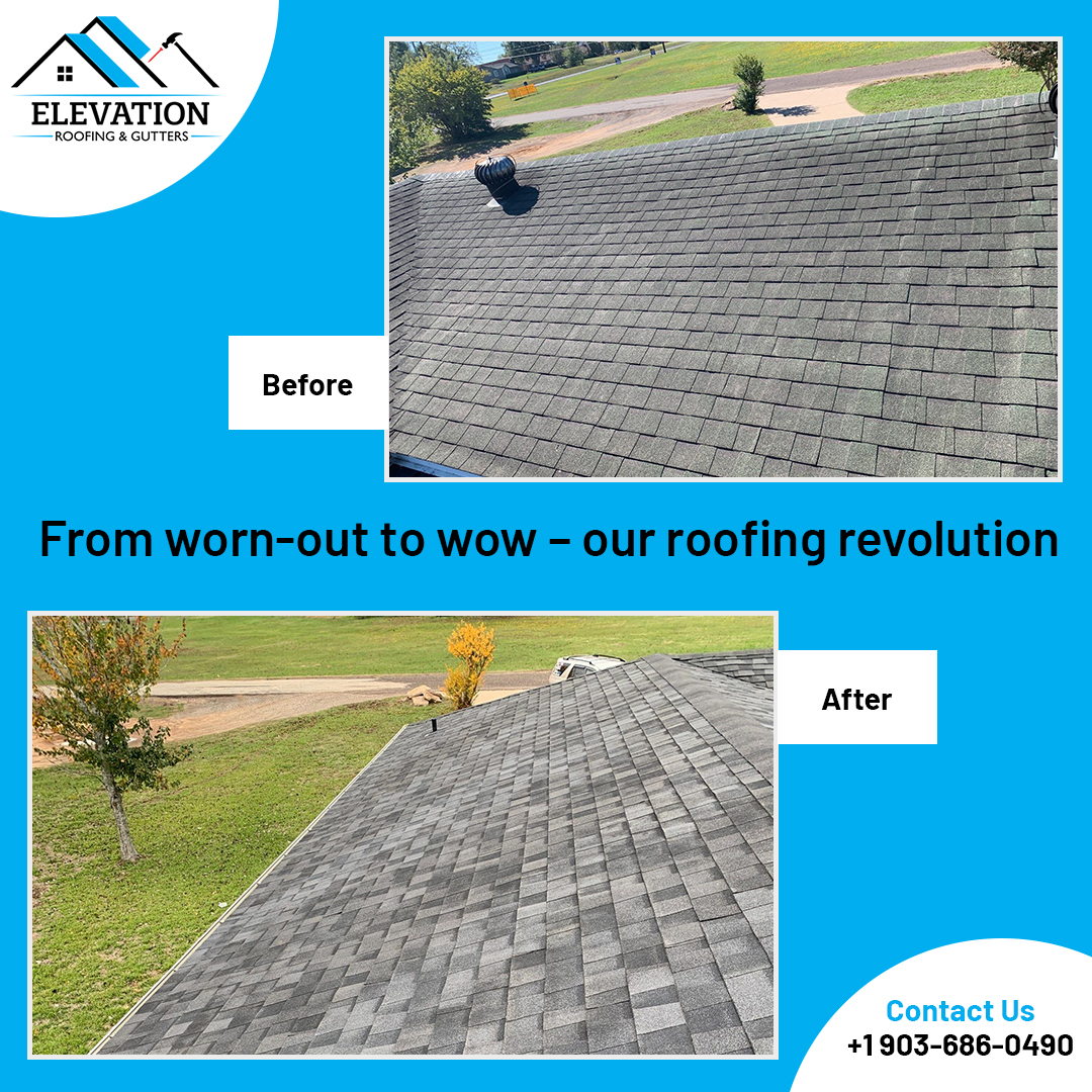 Before and after worn shingles replaced with new architectural shingles