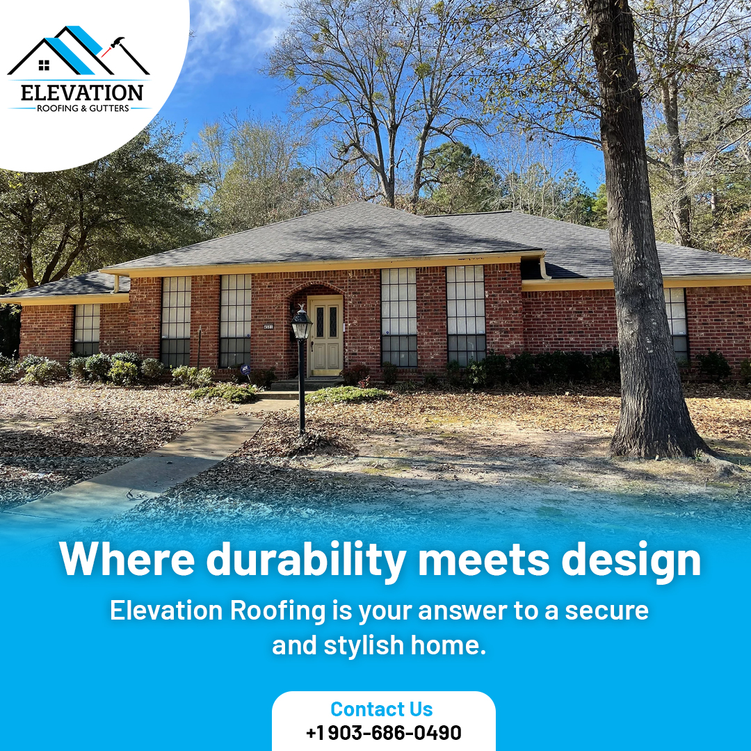 Large brick ranch home with new roof under oak trees